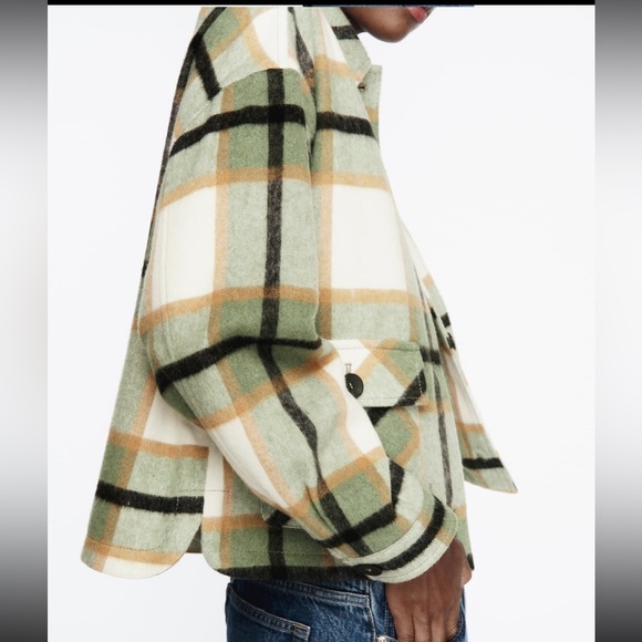 ZARA Patch Pocket Plaid Overshirt Flannel Shacket Long Sleeve White and Green M - Picture 2 of 5